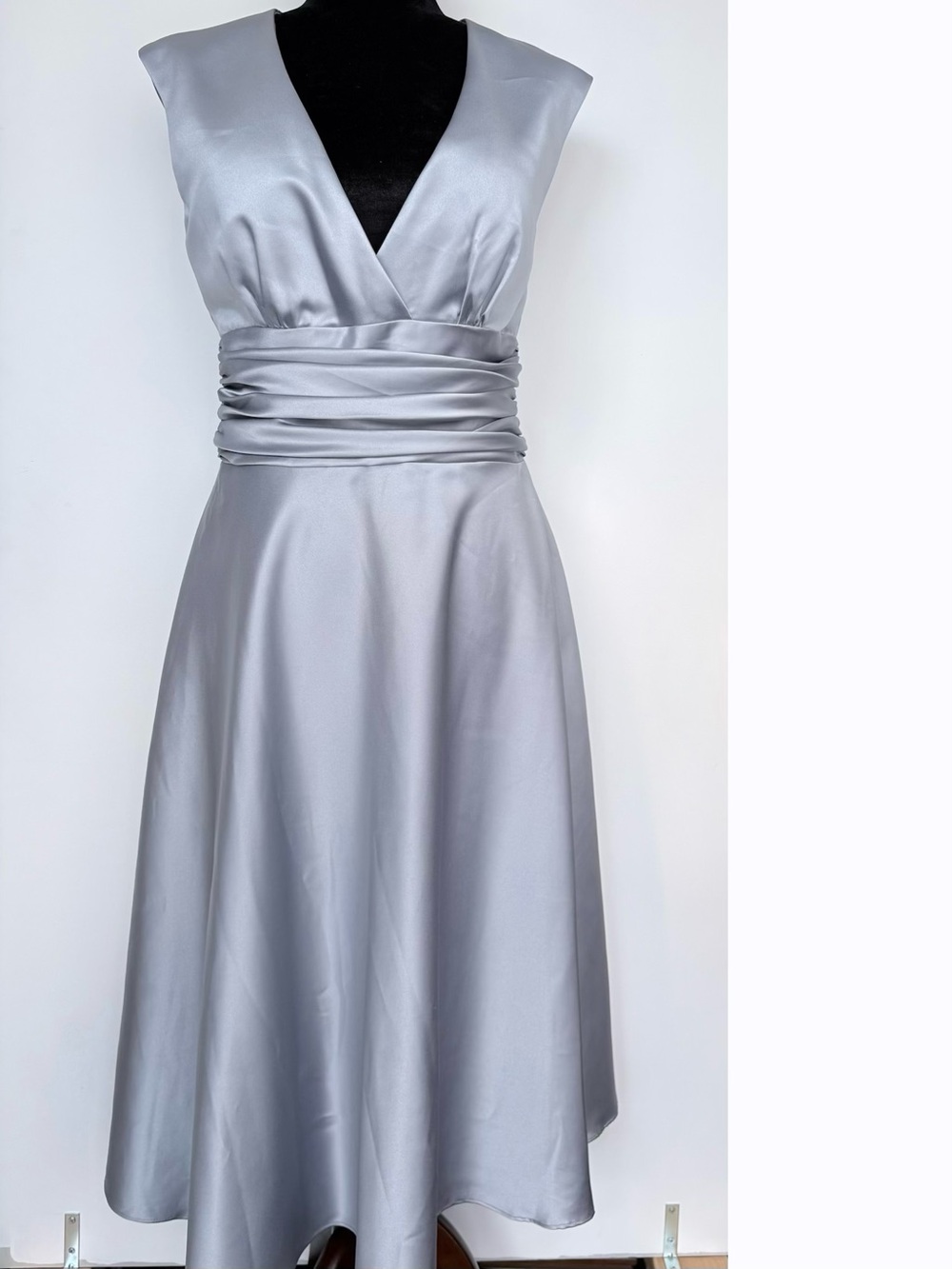 After Six Silver Satin V-Neck Evening Dress